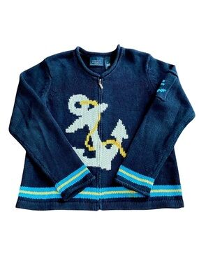 Vintage Nautical Cardigan Sweater Crazy Horse Navy Anchor Full Zip Women's M